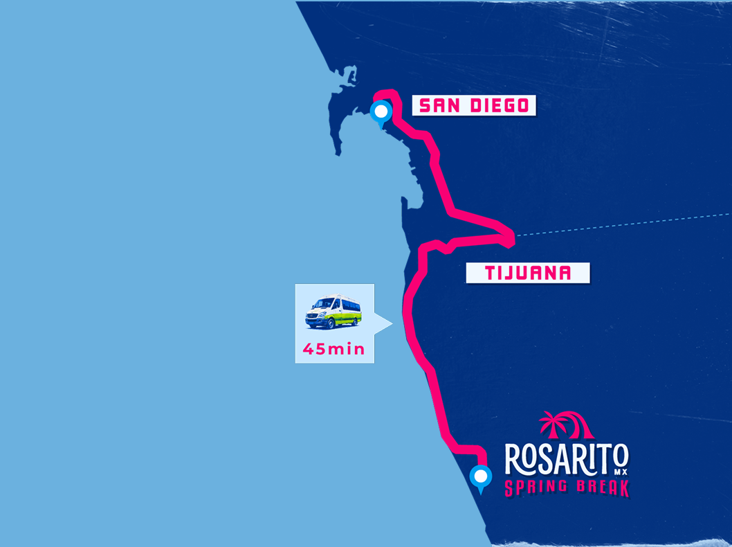 Map showing the 45 minute drive from San Diego through Tijuana to Rosarito Beach